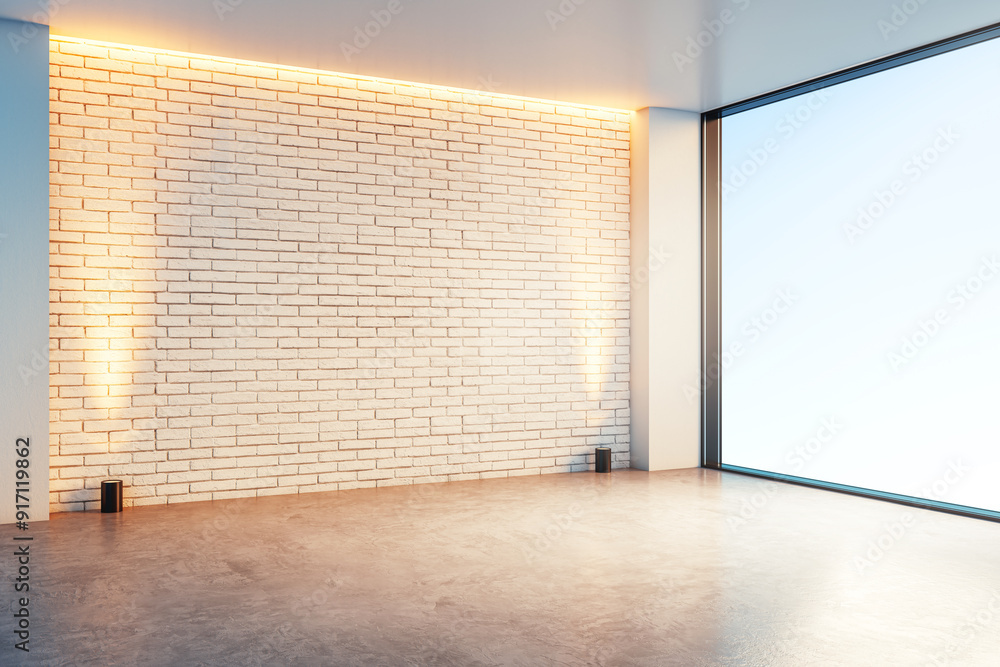Poster Empty modern room with brick wall and floor-to-ceiling window. 3D Rendering