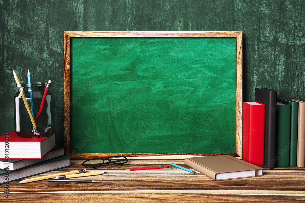 Poster mockup of a chalkboard with books and stationery on wooden table. 3d rendering