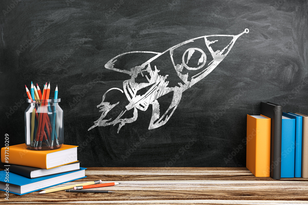 Poster Classroom desk with books and stationery against blackboard with rocket drawing. 3D Rendering