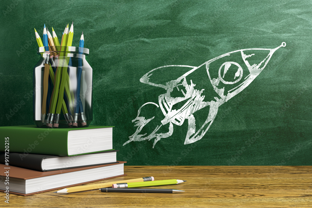 Poster back to school concept with pencils in a jar and chalkboard rocket drawing. 3d rendering