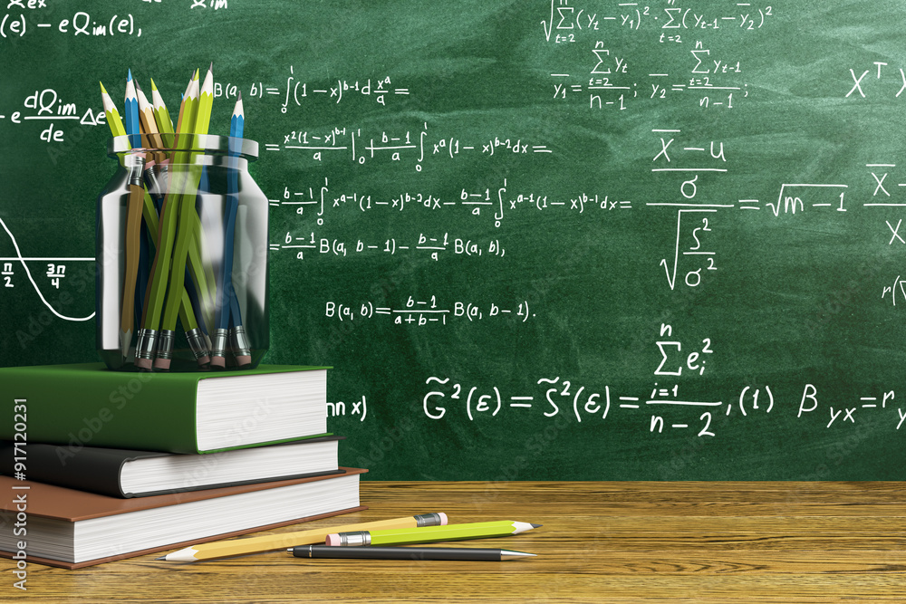 Poster Classroom desk with stationery and books in front of a chalkboard. 3D Rendering