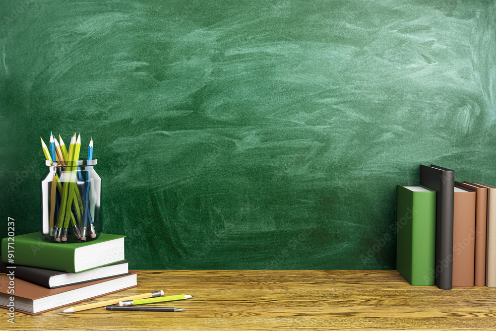 Poster back to school background with books and stationery on wooden desk in front of green chalkboard. 3d 