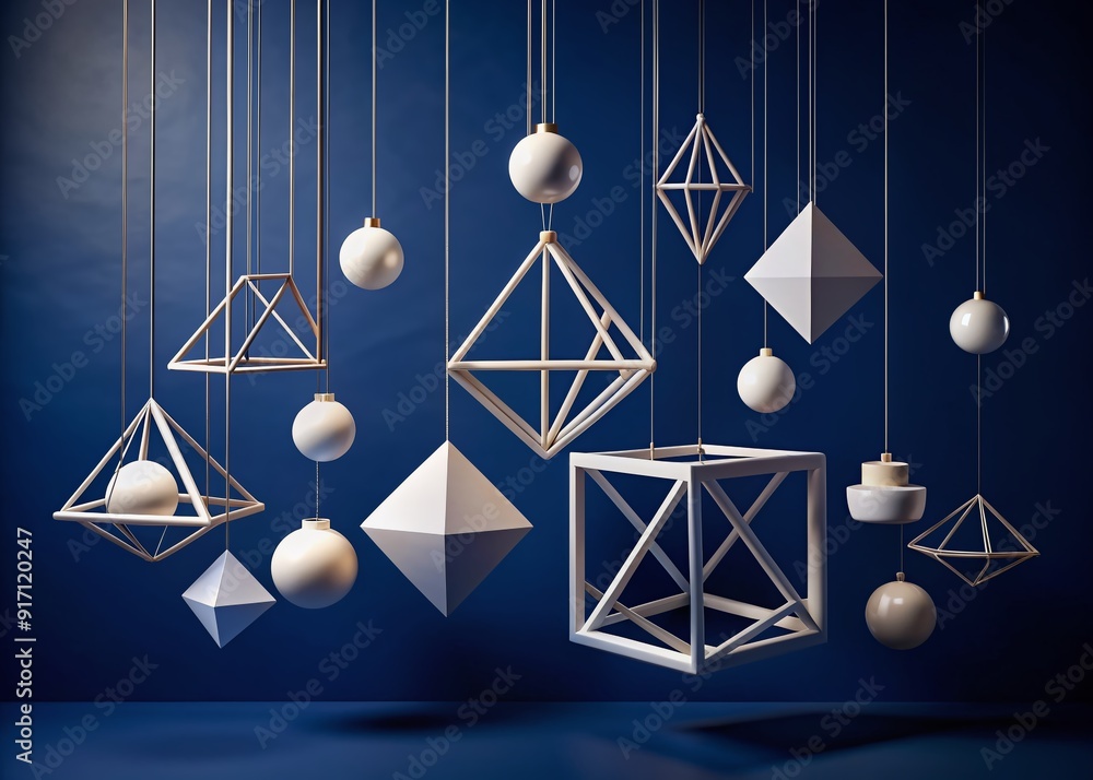 Poster geometric shapes in soft white hues are suspended in a deep navy blue background, creating a calming