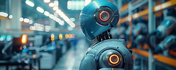 Fototapeta premium Futuristic Robot in a Factory Setting 3D Illustration