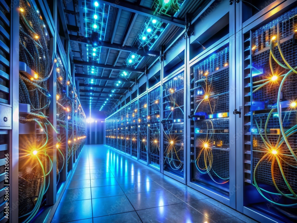 Poster rows of humming servers lined with glowing led lights and tangled cables create a futuristic atmosph