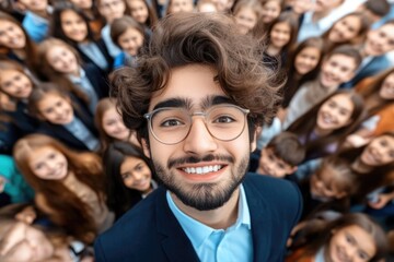 Fototapeta premium Male Teacher Posing with Happy School Children in Classroom Group Activity