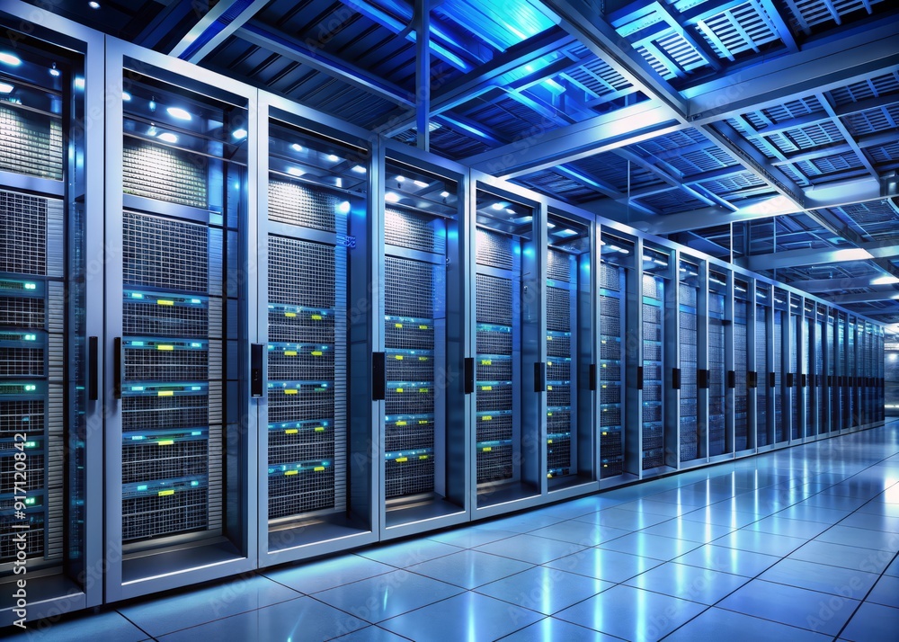 Poster high-tech server room with rows of sleek metal racks, advanced cooling systems, and redundant power 