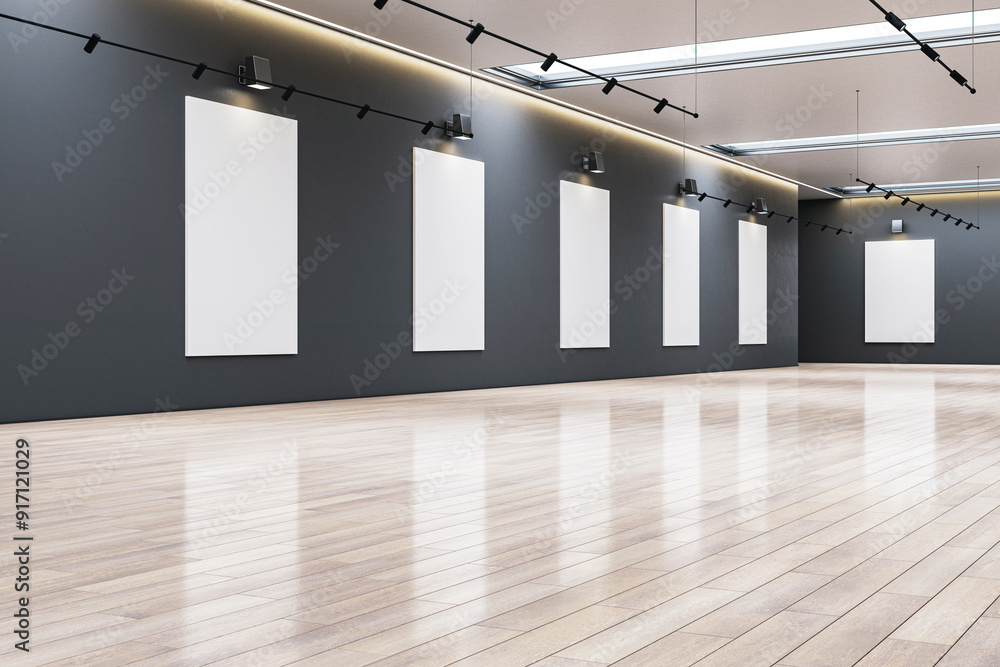 Poster Modern art gallery with empty frames on dark walls and wooden floor. 3D Rendering