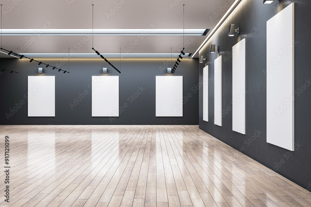 Poster contemporary gallery with empty frames on dark walls, wooden floor. 3d rendering