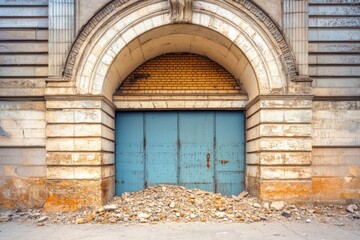 Fototapeta premium Urban Decay and Abandonment – Crumbling Archway and Rusted Door with Debris for Architectural Documentation