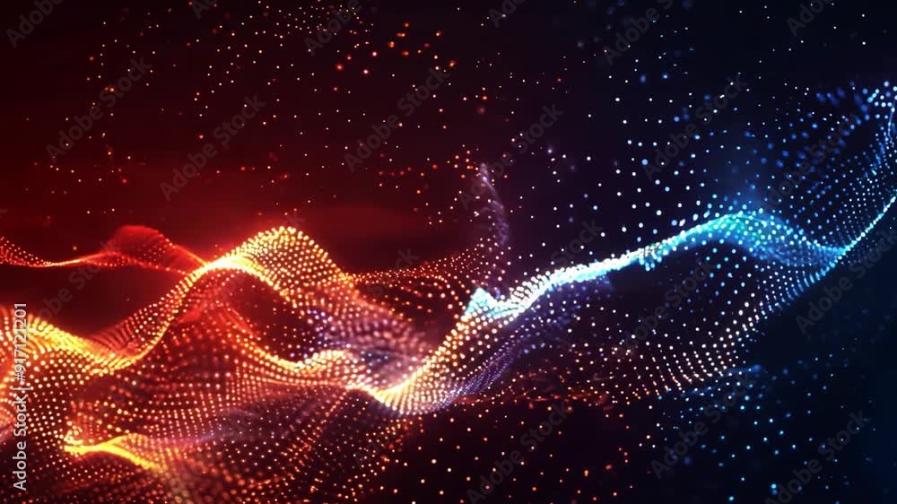 Poster dynamic waves of red and blue light dots create an engaging visual experience, showcasing modern dig