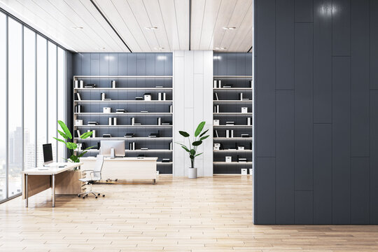 Modern empty office interior with desks, chairs, and bookshelves. 3D Rendering