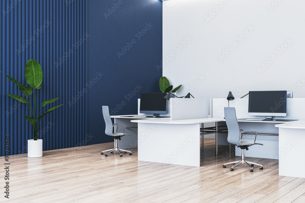 Poster modern empty office with workstations and plants. 3d rendering