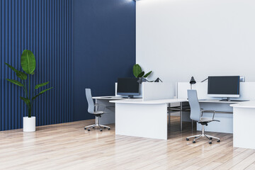 Modern empty office with workstations and plants. 3D Rendering