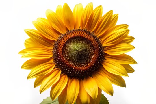 Vibrant yellow petals and dark center of a solitary sunflower bloom against a clean white backdrop, radiating warmth and happiness in high-resolution detail.