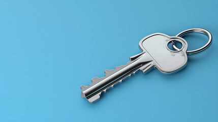 a metal silver home key on blue background, real estate mortgage loan document, contract agreement to buy or construction new home, insurance, registration of lease, rent apartments. Blue banner 