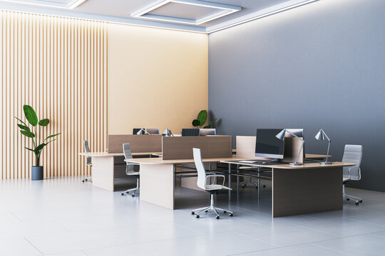 Modern office interior with desks and chairs. 3D Rendering