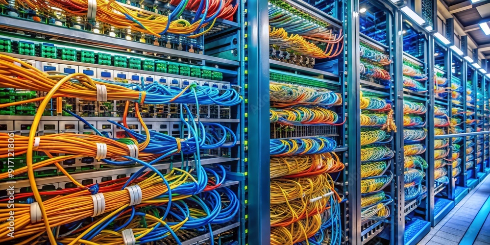 Poster tangled internet cables and wires fill a server room, connecting rows of humming servers and a centr