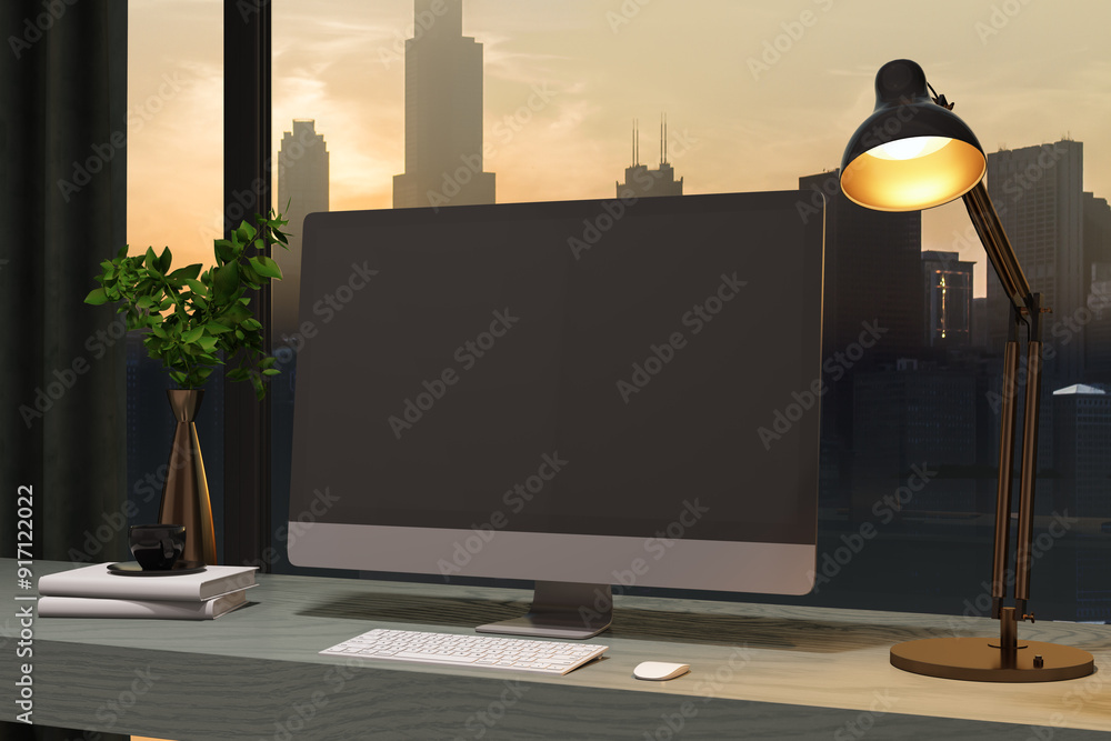 Aufkleber Modern desktop setup with computer and lamp in office at sunset. 3D Rendering