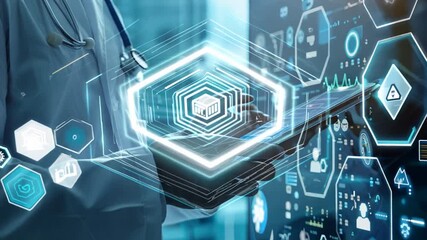 A Doctor using a touchscreen tablet with a blue screen that has a lot of different shapes and symbols Doctor using a touchscreen tablet with mixed media icons overlaying the screen, representing innov - Powered by Adobe