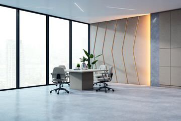 Modern office interior with city view from large windows. 3D Rendering