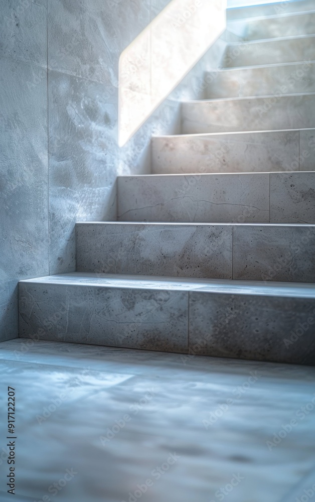 Poster a staircase made of concrete with a light shining on it. the staircase is empty and the light is com