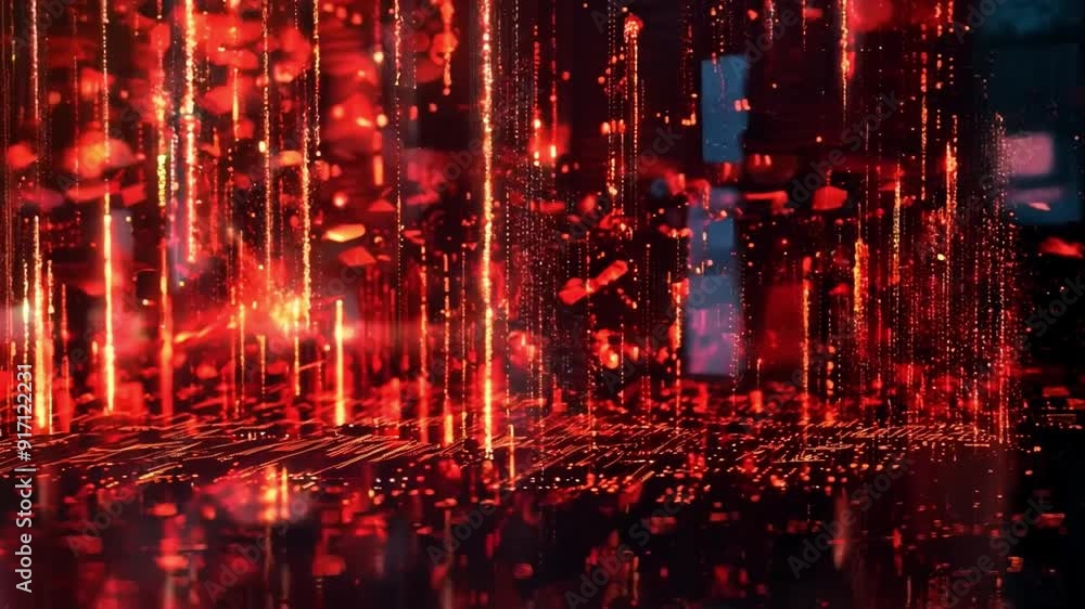 Poster bright red and black patterns represent the flow of data in an imaginative digital environment, evok
