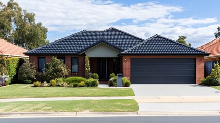 Modern brick house with a black garage door, a front yard with grass and bushes, and a sidewalk leading to the street.
