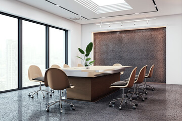 Modern conference room with large windows and city view. 3D Rendering