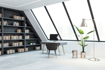 Modern office with a desk, bookshelves, and large windows. 3D Rendering