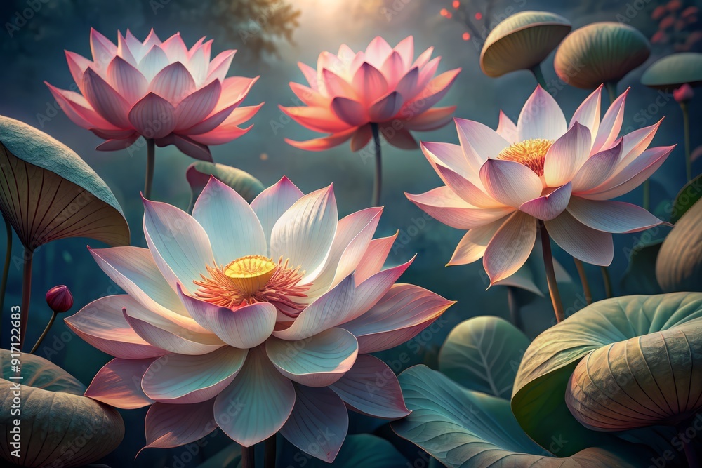 Poster delicate, pastel-hued pink lotus flowers with intricate details and subtle texture, majestically blo