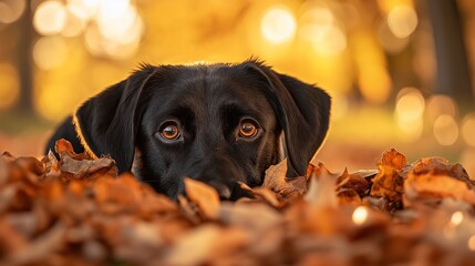 Black dog lying in autumn leaves at sunset.