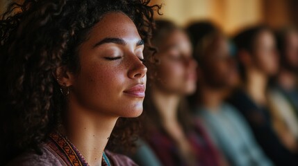meditation session, transgender therapist leading visualization at a cozy center, diverse attendees imagining peace and serenity with closed eyes, in a guided session