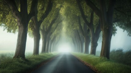 Misty tree-lined road at dawn with soft sunlight