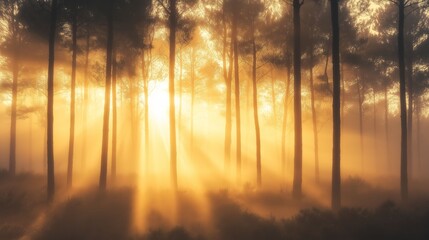 Sunrise illuminating misty forest with golden light.