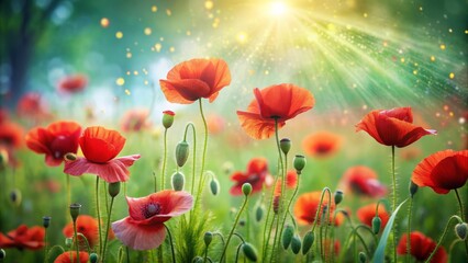 Fototapeta premium Vibrant red poppies overflow a lush green meadow, delicate petals swaying gently in the breeze, creating a stunning, soft focus, dreamy summer floral background.