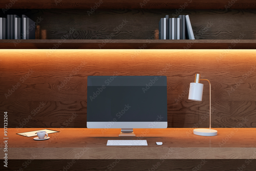 Aufkleber modern workspace with computer monitor and lamp on wooden desk. 3d rendering