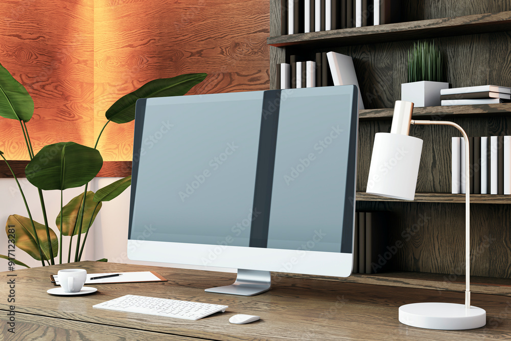 Poster modern home office desk setup with computer, lamp, and wooden shelves. 3d rendering