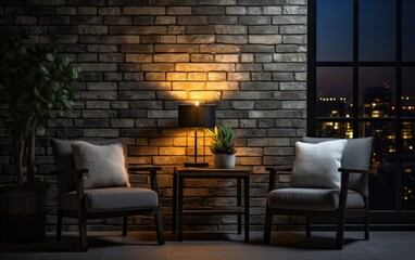 A room with two chairs and a table, with a lamp on the table. The room has a cozy and warm atmosphere