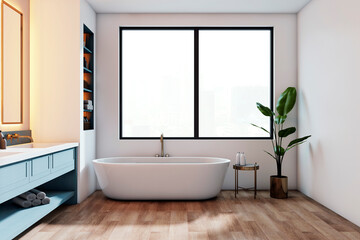Modern bathroom interior with large window, bathtub, and wooden floor. 3D Rendering