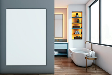 Modern bathroom interior with large blank poster frame. 3D Rendering