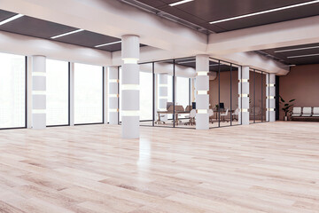 Modern empty office corridor with glass partitions and wooden floor. 3D Rendering