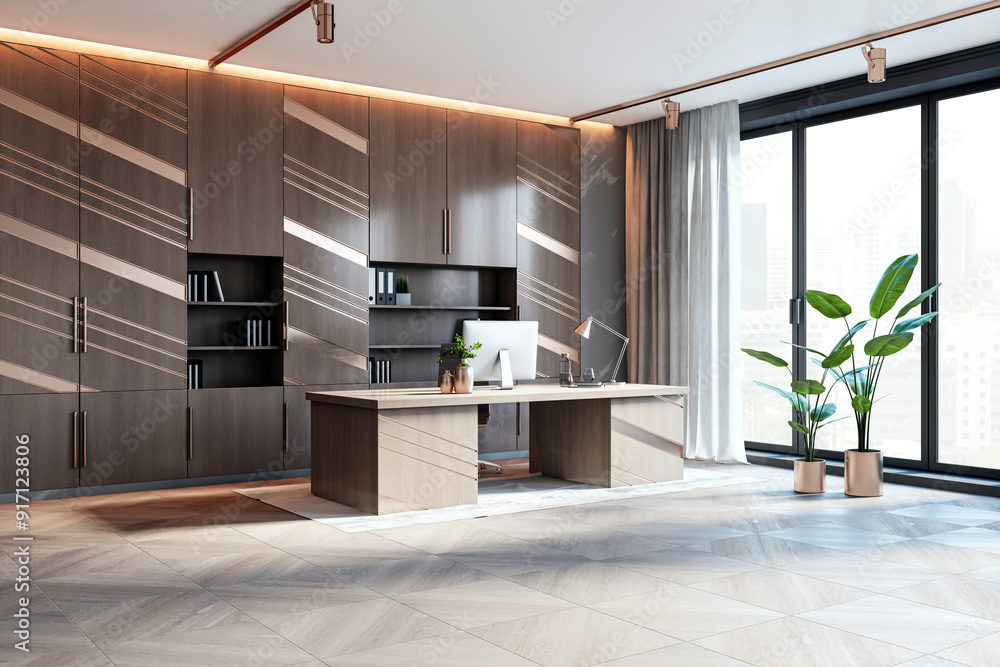 Poster modern executive office with large windows and city view. 3d rendering