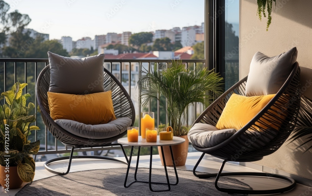 Poster a balcony with two chairs and a table with candles and a potted plant. the chairs are made of wicker
