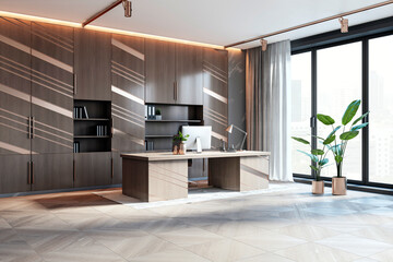 Modern executive office with large windows and city view. 3D Rendering