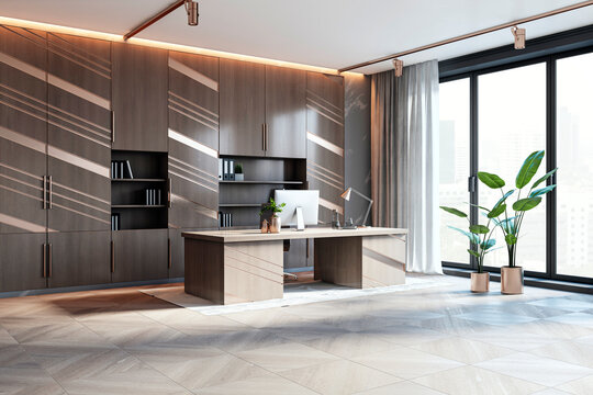 Modern executive office with large windows and city view. 3D Rendering