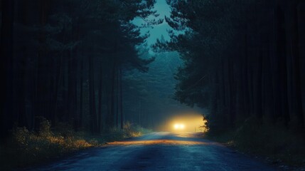 Obraz premium Night road in pine forest, car headlights illuminating the path