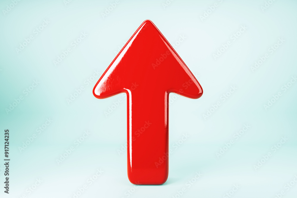 Poster red upward arrow on light blue background. 3d rendering