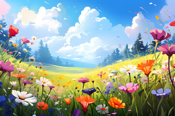 Fototapeta premium Meadow with Wildflowers background illustration