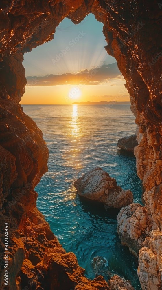 Poster a beautiful view of the ocean with a large rock in the foreground. the sun is setting and the water 